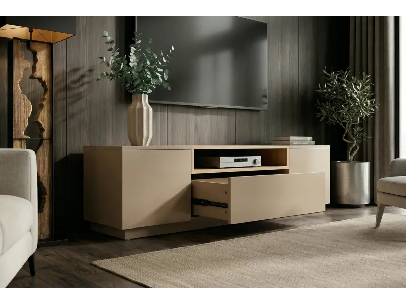 Meuble TV LOFT 160 cm chêne plaqué naturel greige — Adeniahome