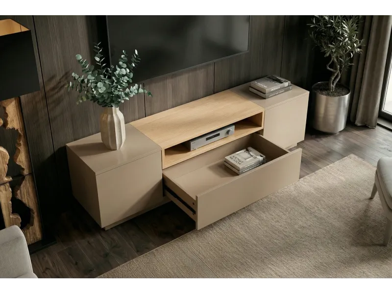 Meuble TV LOFT 160 cm chêne plaqué naturel greige — Adeniahome