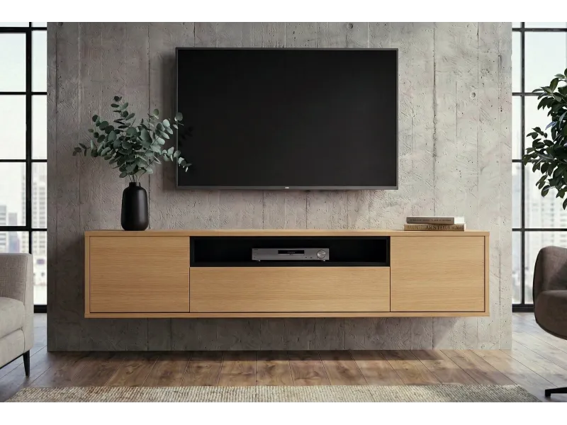 Meuble TV suspendu LOFT 150 cm chêne naturel noir — Adeniahome