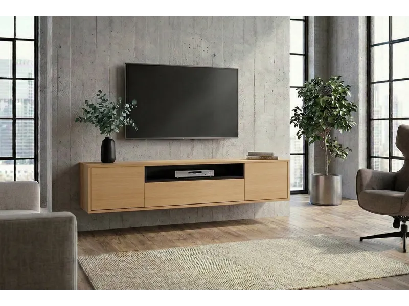 Meuble TV suspendu LOFT 150 cm chêne naturel noir — Adeniahome