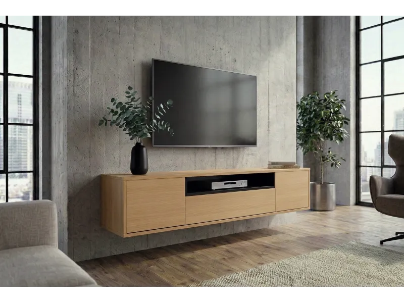 Meuble TV suspendu LOFT 150 cm chêne naturel noir — Adeniahome