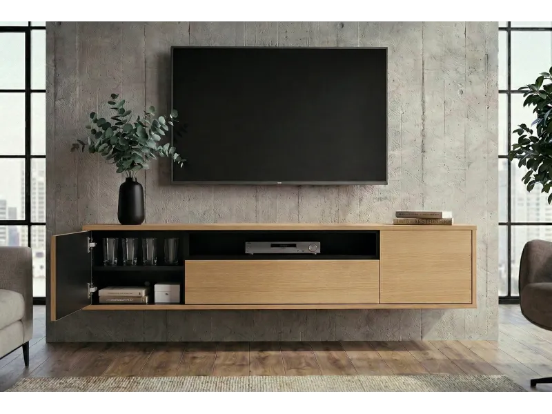 Meuble TV suspendu LOFT 150 cm chêne naturel noir — Adeniahome