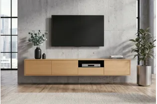 Meuble TV suspendu chêne naturel et noir 200 cm — Série Loft