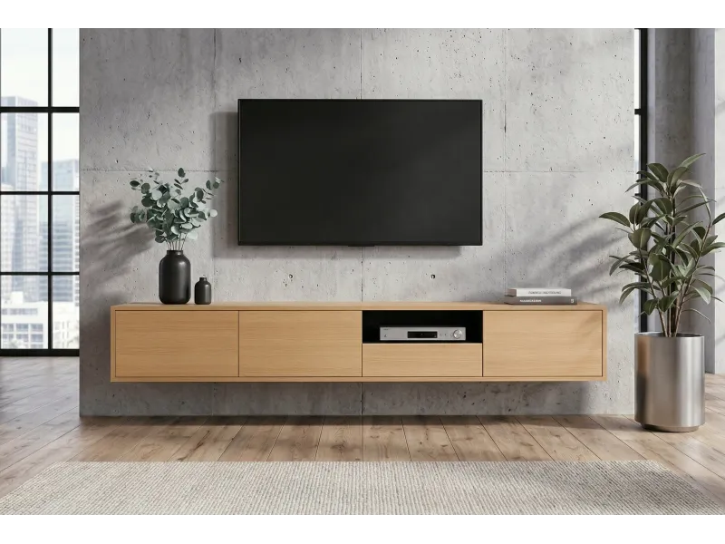 Meuble TV suspendu chêne naturel et noir 200 cm — Série Loft