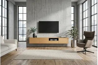 Meuble TV suspendu chêne naturel et noir 200 cm — Série Loft 2