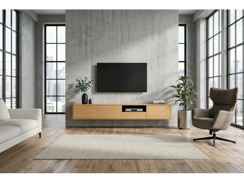 Meuble TV suspendu chêne naturel et noir 200 cm — Série Loft