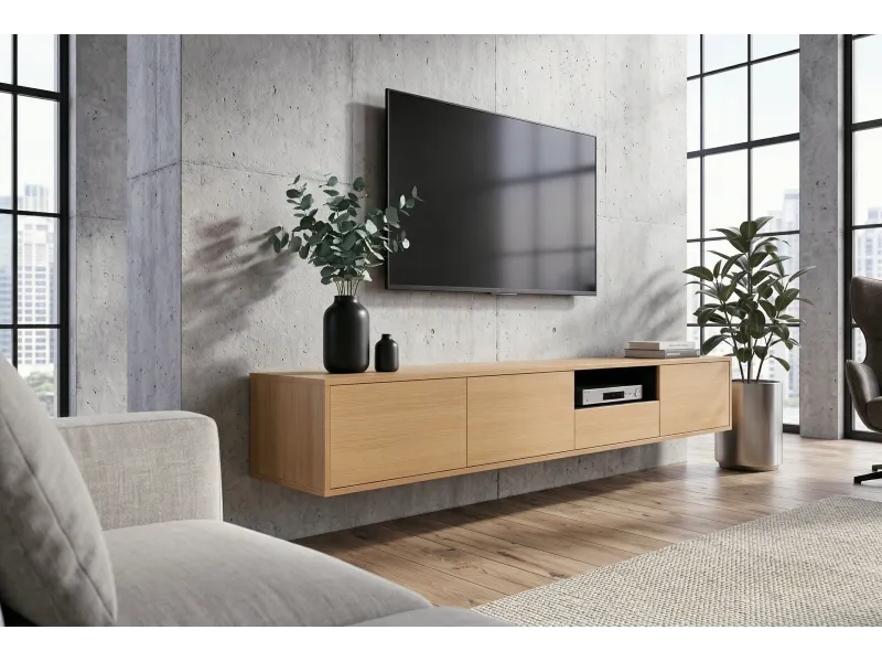 Meuble TV suspendu chêne naturel et noir 200 cm — Série Loft