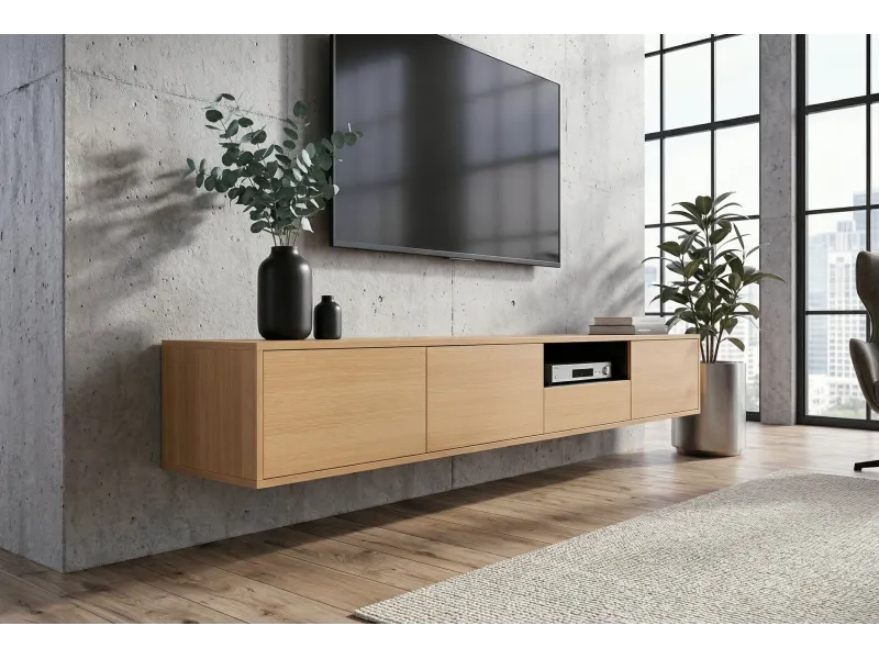 Meuble TV suspendu chêne naturel et noir 200 cm — Série Loft