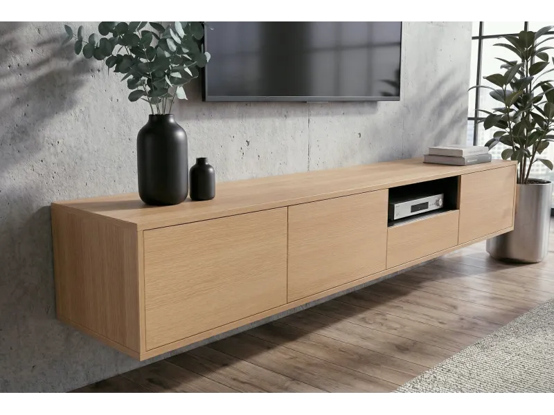 Meuble TV suspendu chêne naturel et noir 200 cm — Série Loft