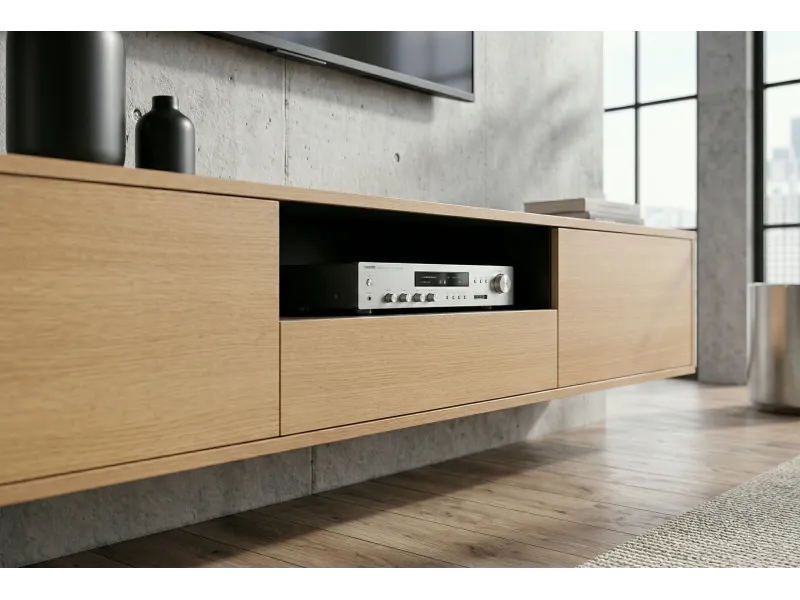 Meuble TV suspendu chêne naturel et noir 200 cm — Série Loft