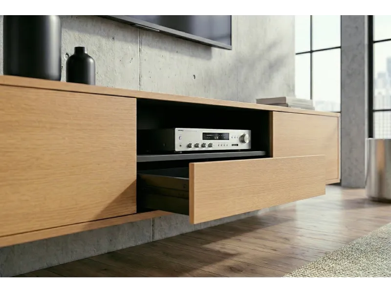 Meuble TV suspendu chêne naturel et noir 200 cm — Série Loft