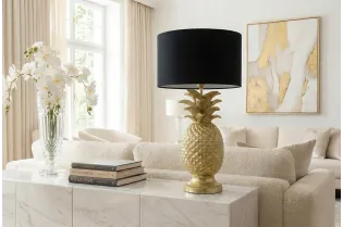 Lampe à poser Ananas dorée abat-jour noir 47 cm — Artisanale