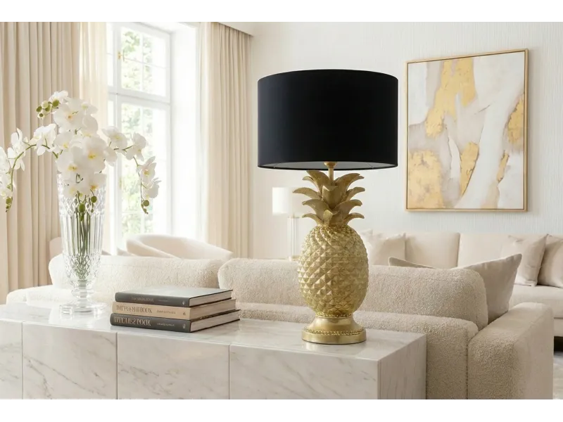 Lampe à poser Ananas dorée abat-jour noir 47 cm — Artisanale