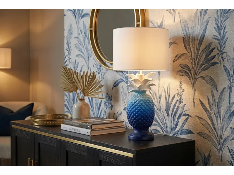 Lampe à poser Ananas bleu et blanc 47 cm — Fabrication artisanale