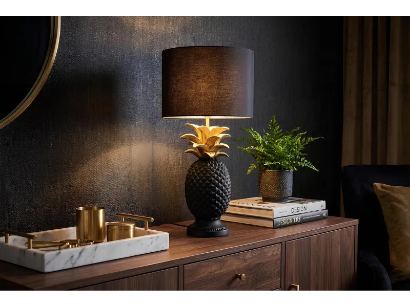 Lampe à poser Ananas noire et dorée 47 cm — Artisanale