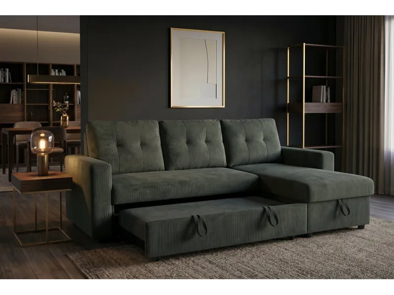 Canapé d'angle convertible APARTMENT 205 cm velours côtelé vert