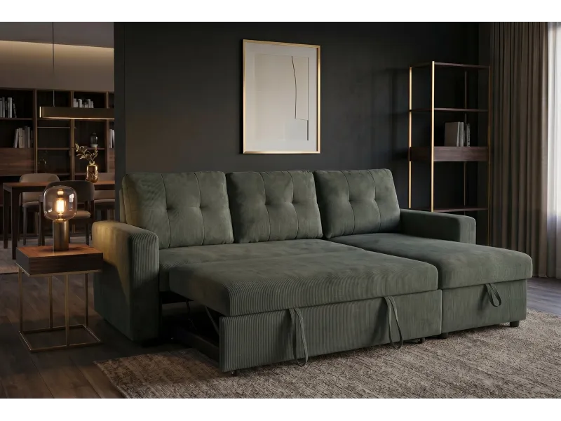 Canapé d'angle convertible APARTMENT 205 cm velours côtelé vert