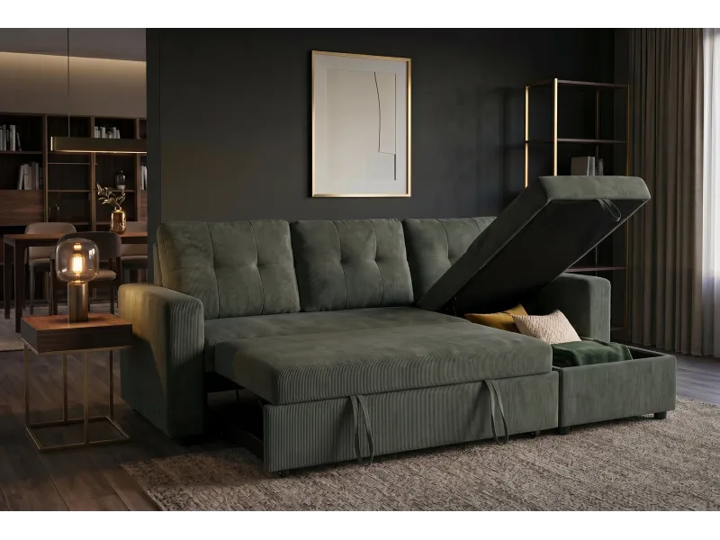 Canapé d'angle convertible APARTMENT 205 cm velours côtelé vert