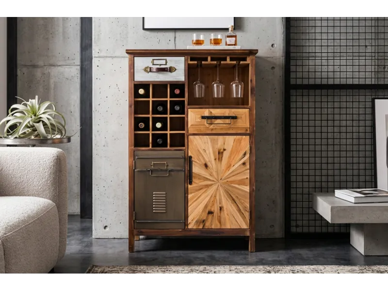 Meuble bar ATELIER 120 cm bois de pin vintage brun — 12 bouteilles