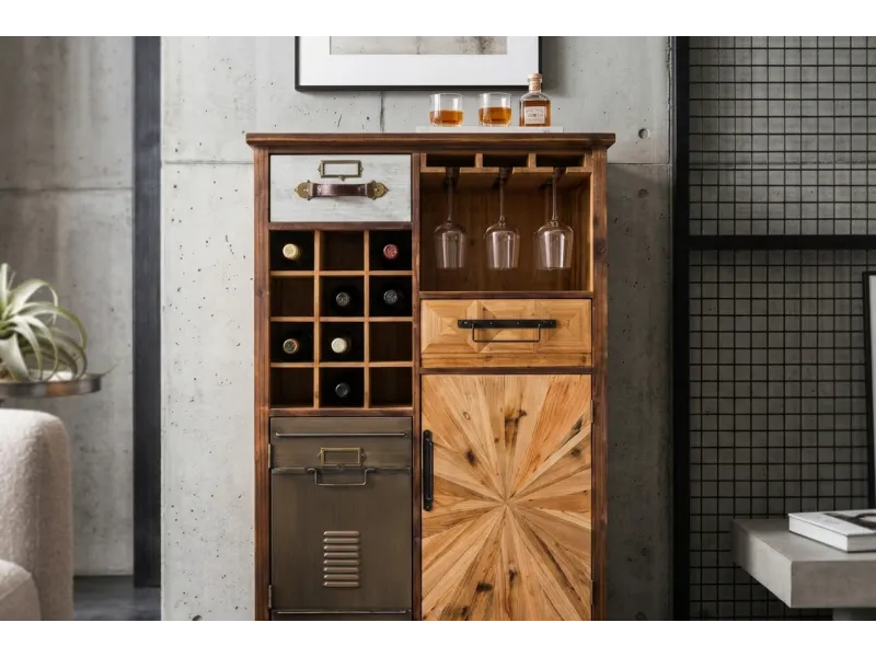 Meuble bar ATELIER 120 cm bois de pin vintage brun — 12 bouteilles