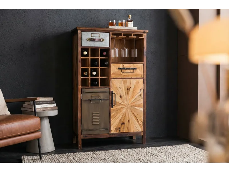 Meuble bar ATELIER 120 cm bois de pin vintage brun — 12 bouteilles