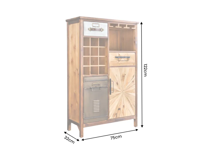 Meuble bar ATELIER 120 cm bois de pin vintage brun — 12 bouteilles