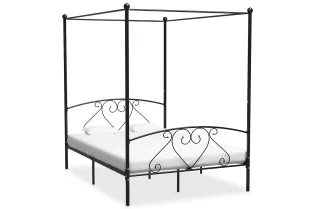 Lit deux places en métal avec baldaquin de 160 x 200 cm en métal coloris noir avec voilage blanc inclus 2