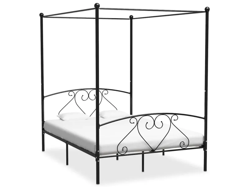 Lit deux places en métal avec baldaquin de 160 x 200 cm en métal coloris noir avec voilage blanc inclus