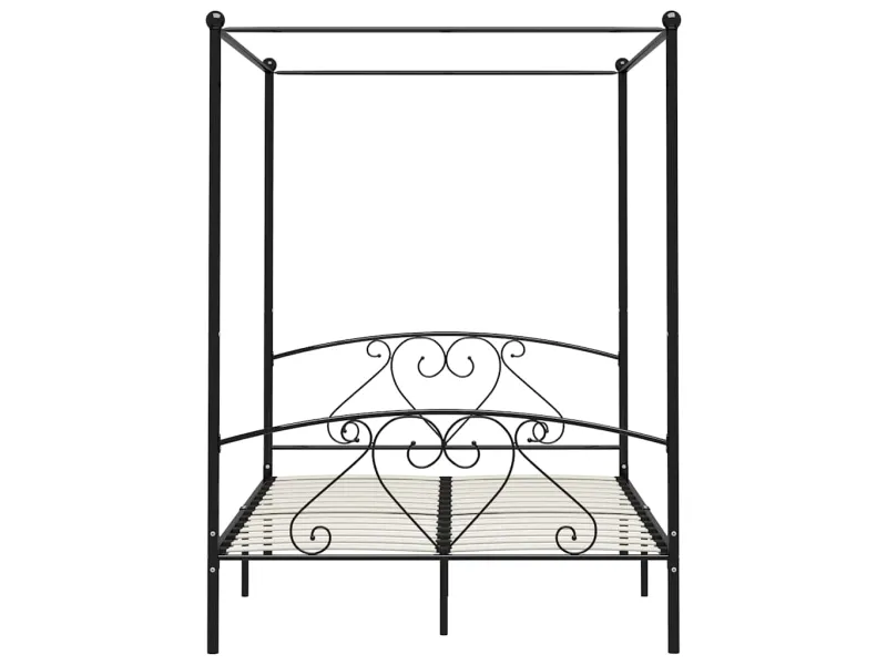Lit deux places en métal avec baldaquin de 160 x 200 cm en métal coloris noir avec voilage blanc inclus
