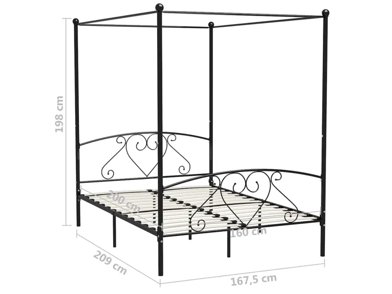 Lit deux places en métal avec baldaquin de 160 x 200 cm en métal coloris noir avec voilage blanc inclus