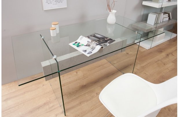 Table haute moderne coloris transparent et gris en verre et en mdf