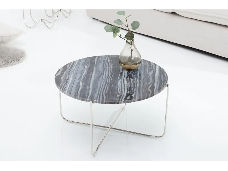 Table basse design en marbre coloris gris avec piétement en métal argenté