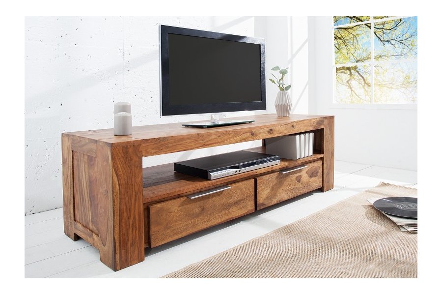 Meuble tv moderne de 135cm en bois massif coloris naturel à 2 tiroirs et une niche