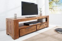 Meuble tv moderne de 135cm en bois massif coloris naturel à 2 tiroirs et une niche