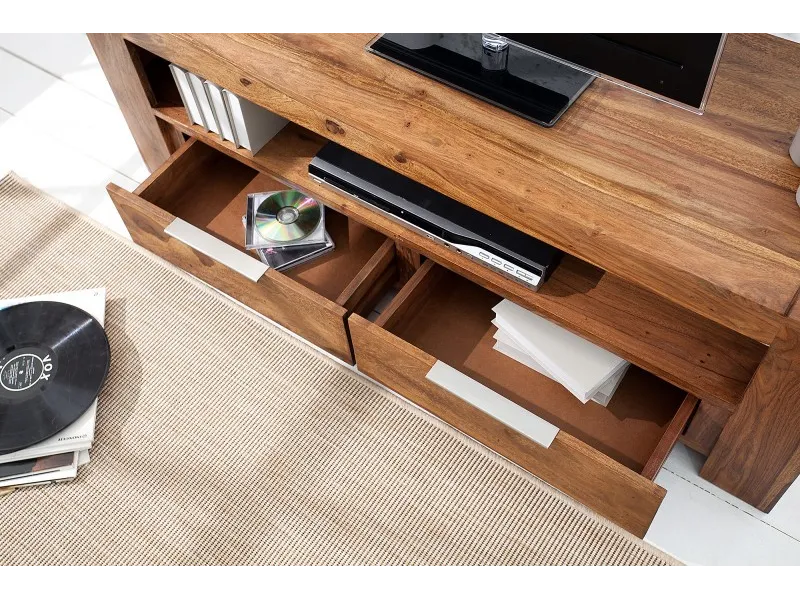 Meuble tv moderne de 135cm en bois massif coloris naturel à 2 tiroirs et une niche