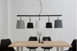 Suspension moderne à 5 lampes de couleur noire, blanche et gris en lin et métal 2