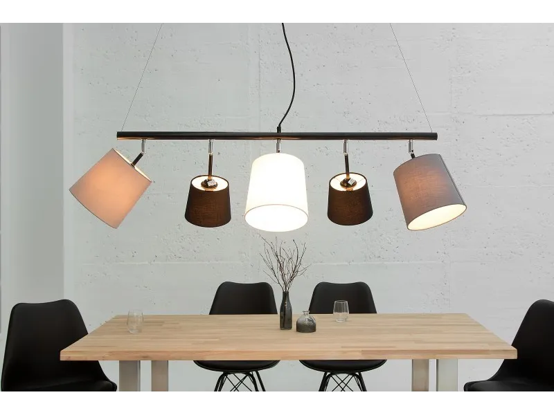 Suspension moderne à 5 lampes de couleur noire, blanche et gris en lin et métal