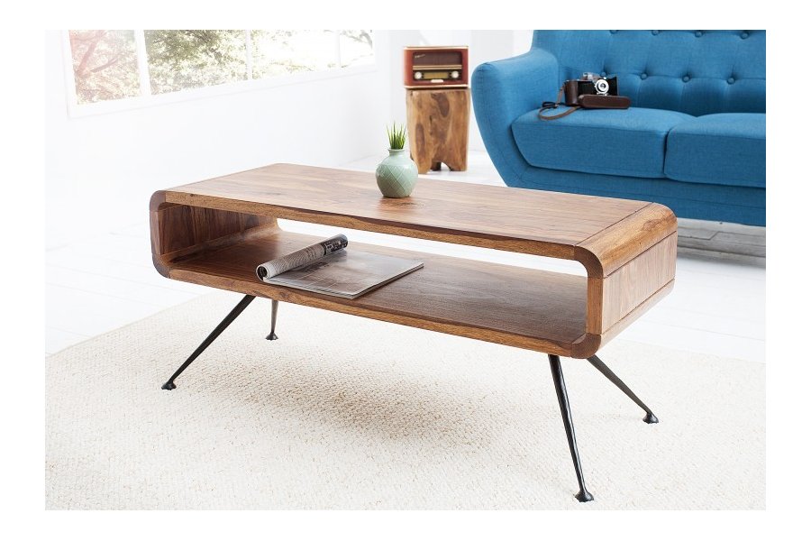 Table basse design rétro de 100cm coloris naturel en bois massif avec une niche