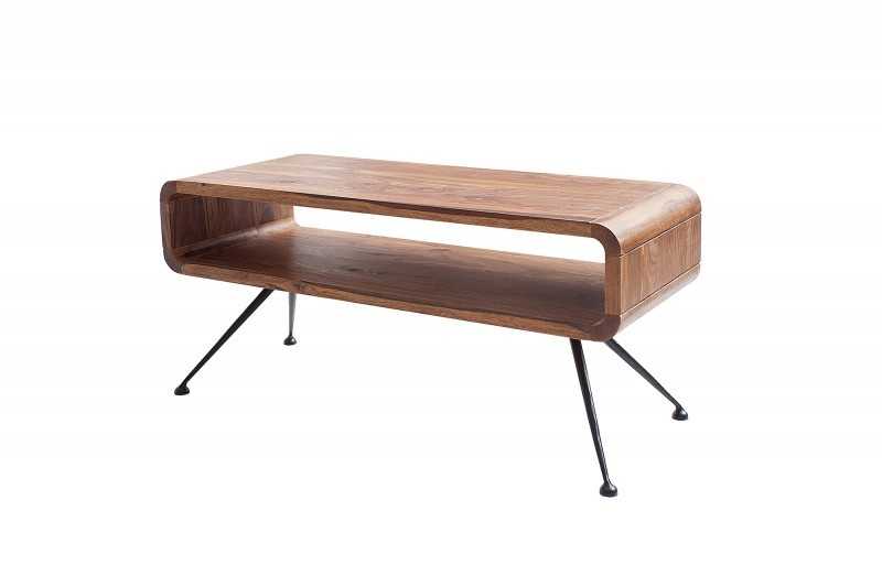 Table basse design rétro de 100cm coloris naturel en bois massif avec une niche