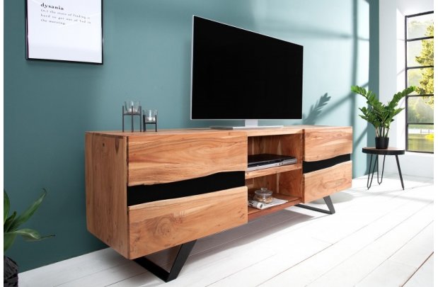 Meuble tv design coloris naturel et noir à 2 portes et 2 niches