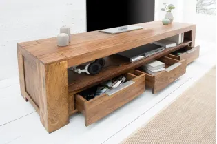 Meuble tv moderne de couleur naturelle en bois massif à 3 tiroirs et une niche 2