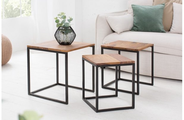 Lot de 3 tables à manger moderne en bois massif et métal coloris naturel et noir