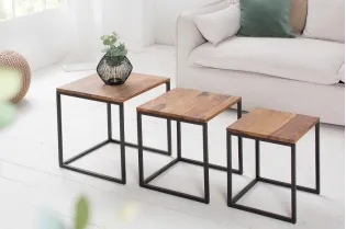 Lot de 3 tables à manger moderne en bois massif et métal coloris naturel et noir 2