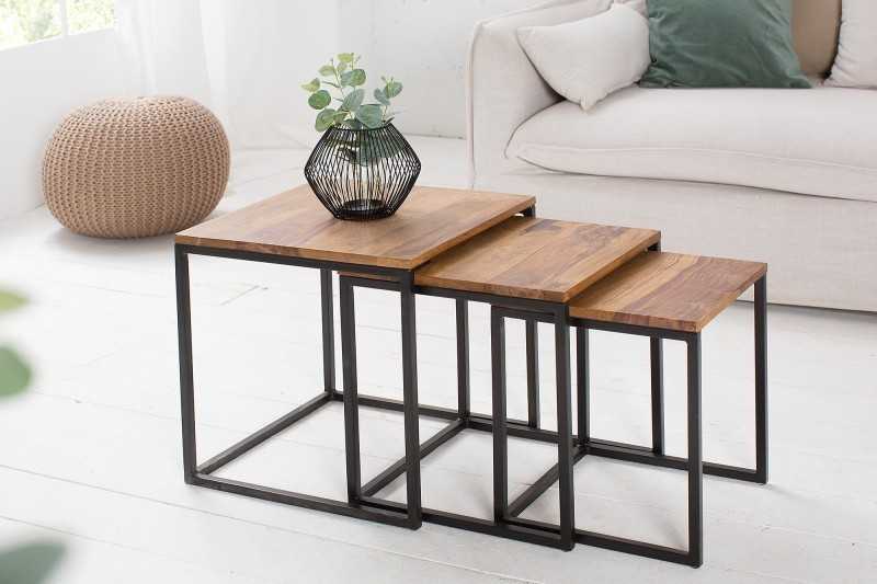 Lot de 3 tables à manger moderne en bois massif et métal coloris naturel et noir