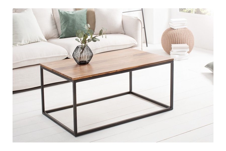 Table de salon contemporaine de 100cm en bois massif et métal coloris naturel et noir