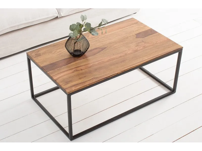 Table de salon contemporaine de 100cm en bois massif et métal coloris naturel et noir