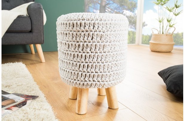 pouf rond tressé en coton 41 cm blanc