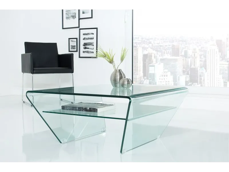 Table basse contemporaine en verre 70cm  avec étagère transparente