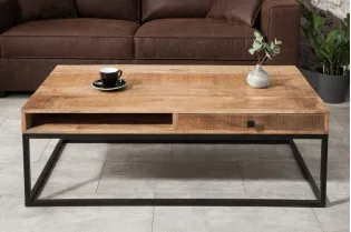 Table basse design industriel de couleur naturelle et noire en bois massif et métal avec un tiroir et une niche 2