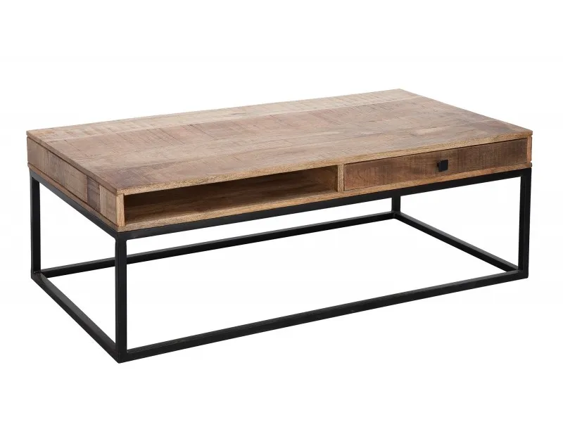 Table basse design industriel de couleur naturelle et noire en bois massif et métal avec un tiroir et une niche